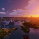 Zachód słońca nad wodą i wyspami, z chmurami i gwiazdami na niebie, dzięki Sildurs Vibrant Shaders.