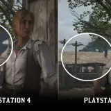 Porównanie grafiki Red Dead Redemption na PS4 i PS5. Kobieta w białej koszuli i kamizelce, na tle wiejskiego krajobrazu.