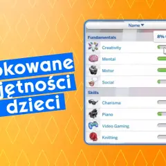 Panel umiejętności w The Sims 4, pokazujący postępy w nauce, np. Kreatywność na poziomie 4.
