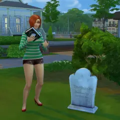 Simka z książką przy grobie, jakby szukała kod na darmowe domy The Sims 4.