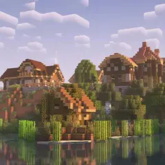 Wioska nad wodą, z domkami z drewna i kamienia, otoczona zielenią. Complementary reimagined shaders nadają jej bajkowy wygląd.