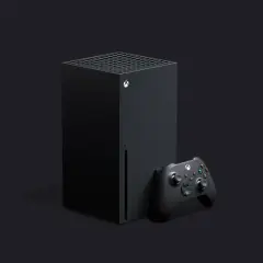 Czarna konsola Xbox Series X i kontroler na ciemnym tle. Premiera nowej generacji gier.