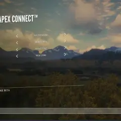 Menu gry z opcją "Koło Łowieckie Beta". Tytuł "Avalanche Apex Connect" nad krajobrazem górskim. The hunter awaits.