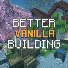 Scena z gry Minecraft z napisem "BETTER VANILLA BUILDING". Widać kwitnące drzewa, kamienne budowle i skrzynie.