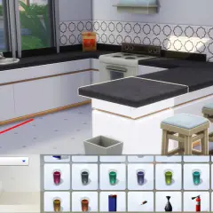 Wpisanie "debug" w wyszukiwarkę przedmiotów w The Sims 4, aby znaleźć ukryte obiekty. Kuchnia w tle.