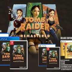 Lara Croft w trzech odsłonach, okładki gier Tomb Raider I-III Remastered na PS5, PS4 i Switch. Edycja Deluxe zawiera dodatki.