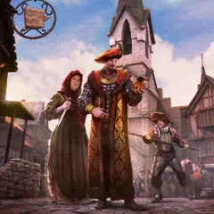 Postacie z gry The Guild 3 na tle średniowiecznego miasta. Bogato odziany mężczyzna trzyma sakiewkę, obok niego kobieta z nożem, a z tyłu chłopiec w zbroi.