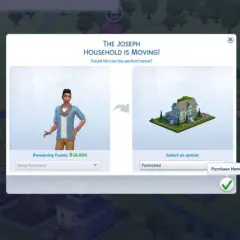 Wybór domu dla rodziny w The Sims 4. Czy to będą darmowe parcele? Gracz ma 18 000 simoleonów.
