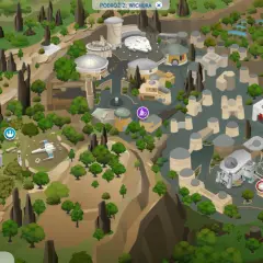 Mapa z gry The Sims 4 Wyprawa na Batuu. Widok z lotu ptaka na planetę z budynkami, drzewami i wodospadem.