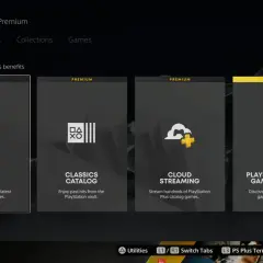 Menu PlayStation Plus Premium z opcjami: Game Trials, Classics Catalog, Cloud Streaming, PlayStation Plus Game Catalog. Dostępne ps plus gry.