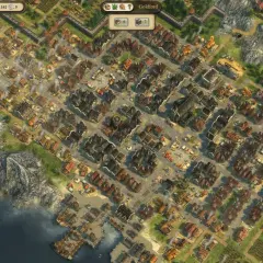 Anno 1404 poradnik: rozbudowana osada z kamiennymi budynkami, placami i polami uprawnymi nad brzegiem morza.