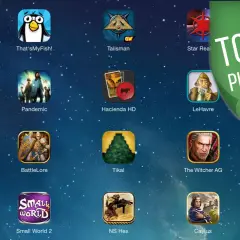 Ikony gier planszowych na tablecie, w tym "Pandemic", "Small World 2" i "The Witcher AG". Idealne na najlepsze gry na tablet.