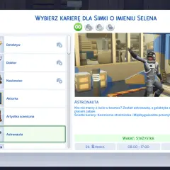 Wybór kariery dla Simki Seleny w Sims 4. Dostępne zawody to m.in. astronauta, detektyw, doktor.