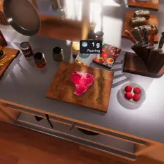 Symulacja gotowania w Cooking Simulator 2: stek w kształcie serca, frytki, burgery i przyprawy czekają na przygotowanie.