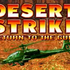 Napis "DESERT STRIKE RETURN TO THE GULF" nad zielonym helikopterem bojowym. Gra zapowiada pustynny atak.