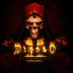Diablo II Resurrected: przerażająca czaszka w czerwonym kapturze, otoczona płomieniami, z logo gry.