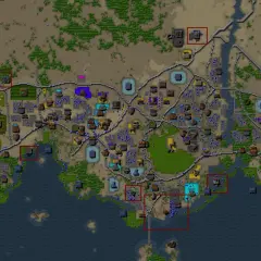 Mapa strategiczna z gry Songs of Syx. Widoczna rozbudowana osada z budynkami, drogami i zasobami, otoczona wodą i terenami zielonymi.