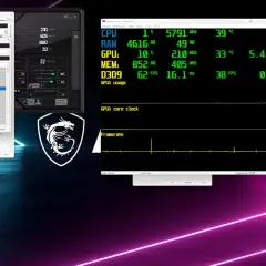 Test karty graficznej w MSI Afterburner. Widoczne parametry CPU, RAM, GPU, temperatury i taktowania.