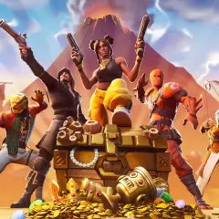 Postacie z gry Fortnite przy skrzyni pełnej skarbów. Idealne darmowe gry na PS4 dla fanów akcji i przygód.