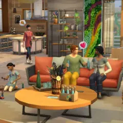 Rodzina w The Sims 4 cieszy się wspólnym czasem. Dziecko bawi się zabawkami, para rozmawia na kanapie, a mama przygotowuje posiłek. To idealny moment, by użyć kod na awans!