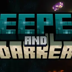 Napis "DEEPER AND DARKER" w stylu Minecraft, otoczony mrocznym, podziemnym krajobrazem z świecącymi grzybami.
