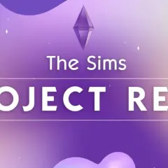 Logo "The Sims PROJECT RENE" na fioletowym tle z pastelowymi plamami. Czyżby zapowiedź The Sims 5?