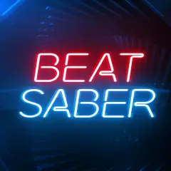Neonowy napis "BEAT SABER" w czerwonych i niebieskich barwach, idealny do gry na PS5.