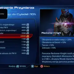 Pancerz Reckoner-Knight z Mass Effect 3, kosztujący 44000 kredytów, zwiększa obrażenia w walce wręcz i od broni, a także tarcze i zdrowie.