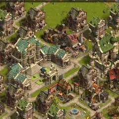 Widok z gry settlers online: rozbudowana osada z wieloma budynkami, ścieżkami i zielenią.