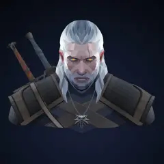 Geralt z Rivii, the Witcher, z żółtymi oczami i dwoma mieczami na plecach, gotowy do walki.