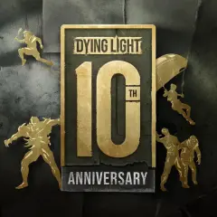 Złote sylwetki postaci z gry Dying Light świętują 10. rocznicę. Widoczni biegacze, skoczek na spadochronie i walczący.