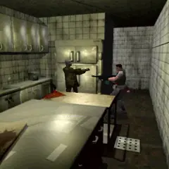 W tej scenie z fajnych gier horror, bohater z bronią mierzy do zombie w opuszczonej kuchni.