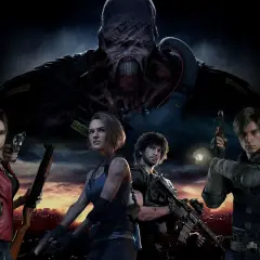Claire, Jill, Carlos i Leon z Resident Evil walczą z Nemesis na tle zniszczonego miasta.