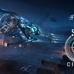 Nocny deszcz w dokach, gdzie statki z gry Star Citizen przygotowują się do lotu. W tle logo gry.