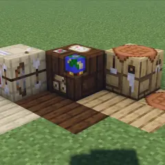 Jak zrobić stół kowalski w Minecraft? Oto trzy bloki: stół łuczniczy, stół kartograficzny i stół drwala.