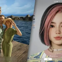 Para tworzy selfie na molo, obok widać interfejs edycji postaci, jak w Sims 4 na Steam.