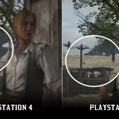 Porównanie grafiki Red Dead Redemption na PS4 i PS5. Kobieta w białej koszuli i kamizelce, na tle wiejskiego krajobrazu.
