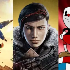 Trzy gry: dwójka postaci z "It Takes Two" w locie, wojowniczka z Gears 5 i Cuphead. Idealne gry coop!