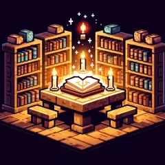 Magiczna biblioteka z otwartą księgą i świecami. Jak zrobic ksiazke z piorem w mc? Tu znajdziesz inspirację.