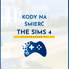 Postać z gry The Sims 4 w stroju kostuchy, obok napisu "Kody na śmierć The Sims 4". Ikony ducha, ognia, nagrobka i kosy sugerują, jak zabic sima.