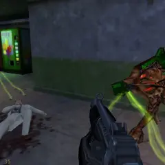 Walka z potworami w Half-Life, idealne fajne gry na słaby pc. Naukowiec leży na ziemi, a wokół niego zielona energia.