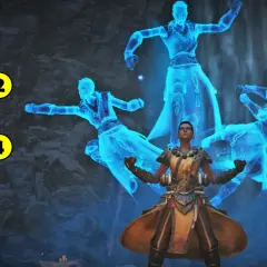 Postać w grze Diablo Immortal otoczona przez świetliste zjawy. Po lewej stronie widoczne ponumerowane ikony umiejętności.