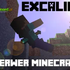 Steve z mieczem w ręku spada, a Herobrine czeka na szczycie. Grafika promuje serwer Minecraft "EXCALIBUR".