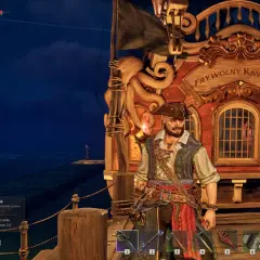 Kapitan statku "Frywolny Kawaler" w grze o piratach. Nocą na morzu, gotów do przygód.