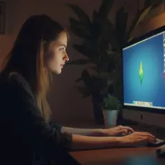 Dziewczyna gra w The Sims 4, skupiona na ekranie, gdzie widoczny jest symbol gry. Pewnie właśnie próbuje obracanie przedmiotów sims 4, by idealnie urządzić dom.