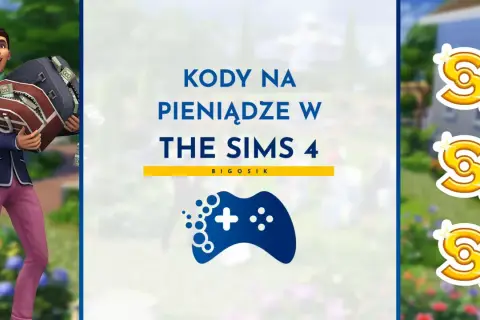 Szczęśliwy Sim z torbami pieniędzy, obok napis "Kody na pieniądze w The Sims 4".