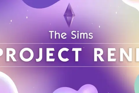 Logo "The Sims PROJECT RENE" na fioletowym tle z pastelowymi plamami. Czyżby zapowiedź The Sims 5?