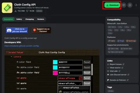 Pobierz Cloth Config API, bibliotekę konfiguracji dla modów Minecraft. Strona zawiera opcje pobierania i informacje o kompatybilności.