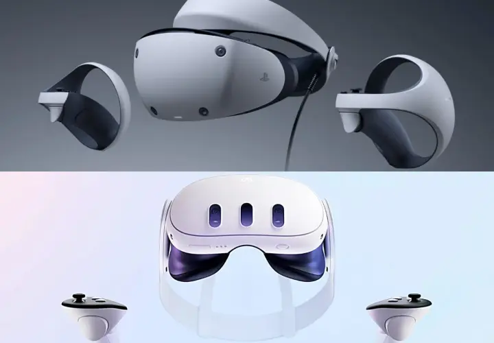 Gogle VR PS5 z kontrolerami, gotowe do zanurzenia w wirtualnej rzeczywistości.