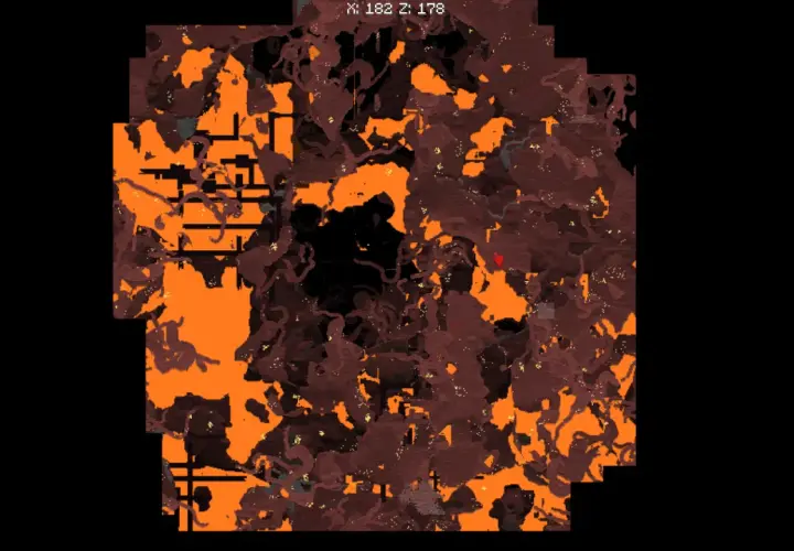 Mapa świata Xaero ukazuje podziemny krajobraz pełen lawy i ciemnych jaskiń.